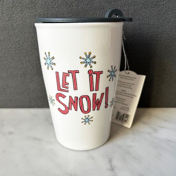 Let It Snow! Travel Mug with Lid Ceramic Double-Wall Coffee Cup 12 oz CR Gibson - Picture 3 of 9